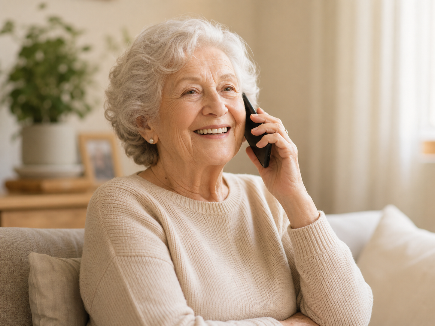 Una donna anziana sorride durante una telefonata a casa